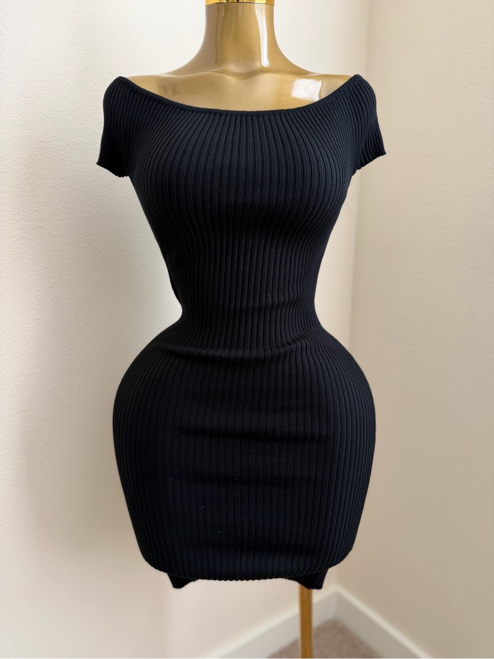 Ambiance Black Off-Shoulder Ribbed Mini Dress